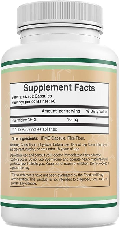 Spermidine Supplement (10mg of 99% Spermidine 3HCL - Third Party Tested) 120 Capsules - Over 100x More Potent Than Wheat Germ Extract for Cell Membrane, Telomere Health and Aging by Double Wood