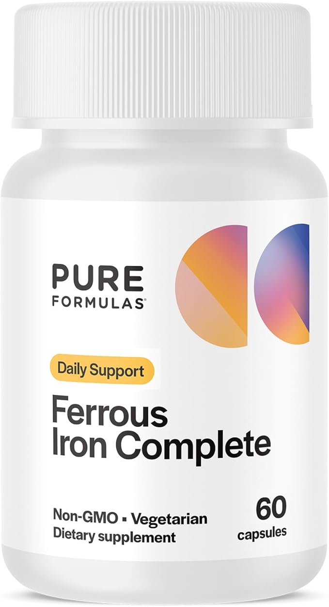 Ferrous Iron Complete: 29 mg Iron Supplement Iron with Vitamin C, Vitamin B12, B6, Thiamin and Folate Blood Support Iron Supplement for Men & Women Iron Pills Without GI Side Effects - 60 Capsules
