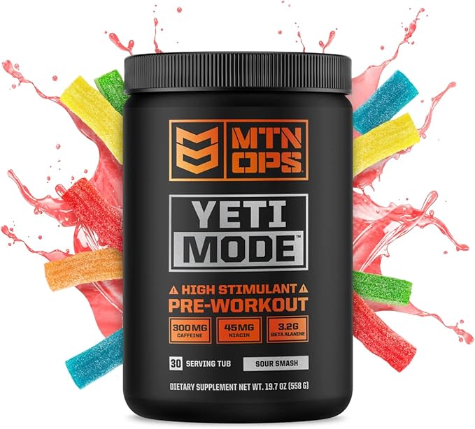 MTN OPS Yeti Mode Pre-Workout Powder - Explosive High-Stimulant with 300mg Caffeine, Creatine Monohydrate, Beta-Alanine, and 45mg Niacin - Sour Smash Flavor in 30 Serving Tub