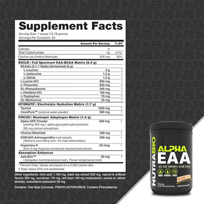 NutraBio Alpha EAA Hydration and Recovery Supplement - Full Spectrum EAA BCAA Matrix with Electrolytes, Nootropics, Coconut Water - Recovery, Energy, Focus, and Hydration Supplement - Peach Tea