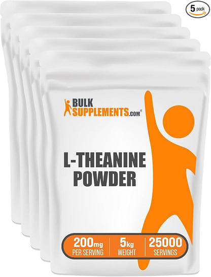BulkSupplements.com L-Theanine Powder - L-Theanine Supplement, L-Theanine 200mg - Amino Amino Supplement, Pure & Gluten Free, 200mg per Serving, 5kg (11 lbs) (Pack of 5)