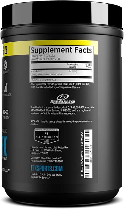 EFX Sports Kre-Alkalyn EFX | pH Correct Creatine Monohydrate Pill Supplement | Strength, Muscle Growth & Performance | 200 Servings, 400 Capsules