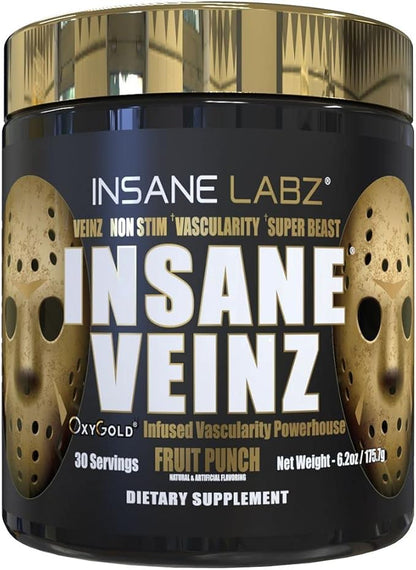 Insane Labz Psychotic Gold and Insane Veinz Gold Pre Workout Nitric Oxide Booster Stack, Increase Muscle Mass, Vascularity, Strength, Energy, Focus, Gummy Candy and Fruit Punch.