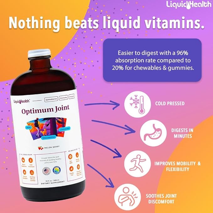 LIQUIDHEALTH Optimum Joint Support Liquid Multivitamin with Glucosamine, Chondroitin, MSM, Hyaluronic Acid - Increase Mobility, Joint Comfort, for Runners & Athletes, Sugar-Free, Vegan (2 Pack)