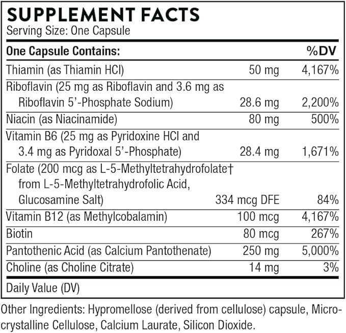 THORNE Stress B-Complex - Vitamins B2, B6, B12, and Folate in Highly-Absorbable and Active Forms - Extra Vitamin B5 for Adrenal Support, Stress Management and Immune Function - 60 Capsules