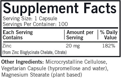 Kirkman - Zinc 20mg - 100 Capsules - Immune Support - High Absorption - Hypoallergenic