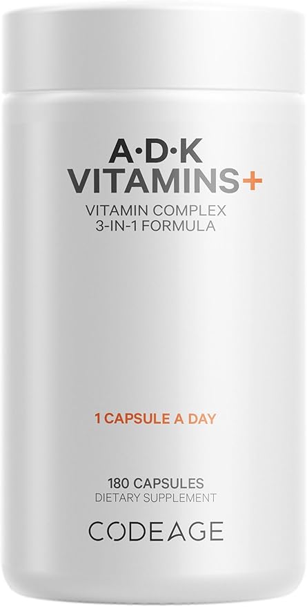 Codeage ADK Vitamis Supplement - Essential Vitamin A, Vitamin D3 5000 IU, Vitamin K1 & K2 (MK4 & MK7) - 6-Month Supply - A D K Vitamins, 1 Capsule per Serving, Non-GMO, Gluten-Free - 180 Capsules