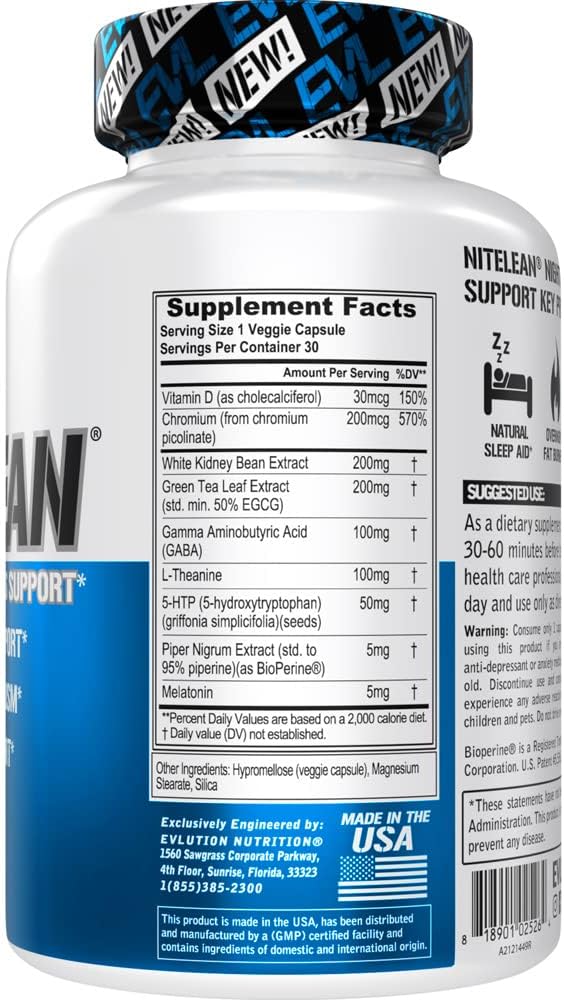 EVL Night Time Fat Burner Appetite Suppressant for Weight Loss Diet Pills - Natural Rest Aid, Metabolism Booster for Weight Loss for Women & Men - NiteLean Weight Loss Supplements (30 Servings)