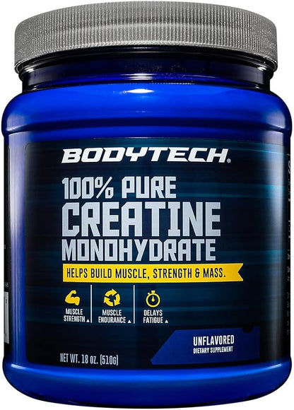 BodyTech 100% Pure Creatine Monohydrate Powder - Premium Micronized Creatine for Enhanced Muscle Strength and Performance - Supports Muscles, Recovery, and Increased Exercise (18oz/102 Servings)