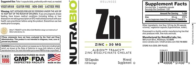 NutraBio Zinc Chelate Mineral Supplement - for Proper Growth, Development, and Immune Health - 30mg of Zinc per Vegetarian Capsules - 120 Servings