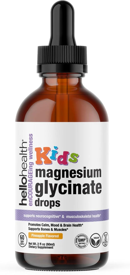 Kids Magnesium Glycinate Liquid Drops – Sugar Free Liquid Magnesium Drops, Happy Calm for Kids Calming Supplement Complex – Magnesium for Children & Nighttime Sleep, Pineapple Flavor 2 Fl Oz.