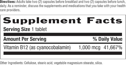 Country Life Vitamin B12 Supplement - Essential for Brain Function, Nerve Health, Red Blood Cells - Ideal for Anemia Prevention - Vegan Vitamin B, 1000 mcg - Gluten-Free, 60 Tablets
