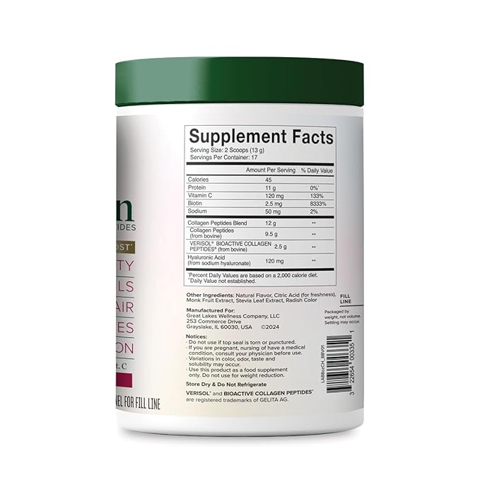 Great Lakes Wellness Beauty Boost Advanced Collagen Peptides - Hyaluronic Acid, Biotin, Vitamin C - Skin Elasticity & Hydration - Raspberry Lemonade - Non-GMO, Kosher, Keto - 8 oz - Packaging May Vary