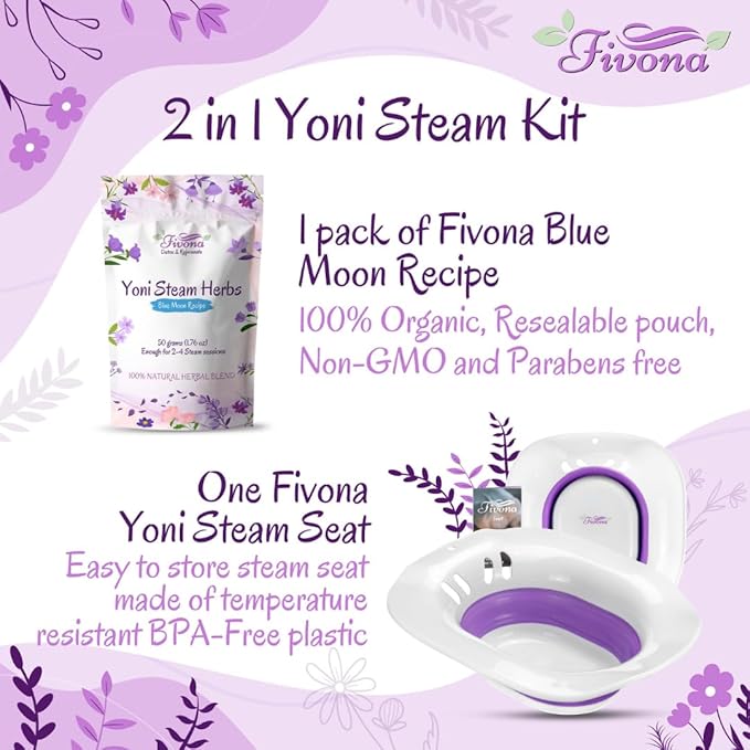 Fivona 2-in-1 Yoni Steaming Kit Over The Toilet Seat with V Steam Herbs Blue Moon Recipe for Detox, Cleansing, PH Balance and Odor Control