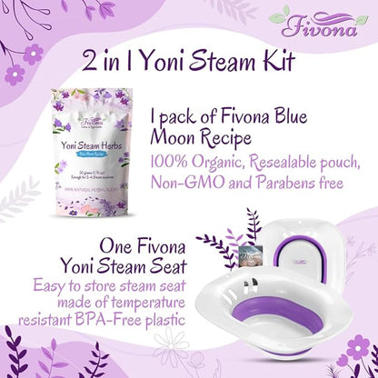 Fivona 2-in-1 Yoni Steaming Kit Over The Toilet Seat with V Steam Herbs Blue Moon Recipe for Detox, Cleansing, PH Balance and Odor Control