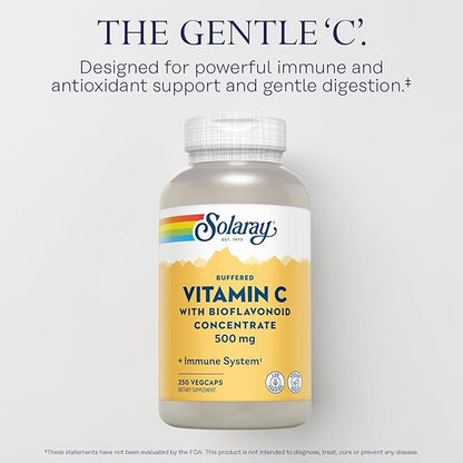 Solaray Buffered Vitamin C 500mg - with Bioflavonoids, Rose HIPS and Acerola Cherry - Immune Support Supplement - Easy to Digest, Vegan, Lab Verified, 60-Day Guarantee - 250 Servings, 250 VegCaps