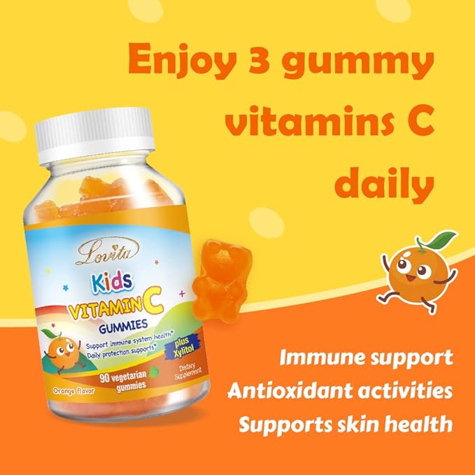 Lovita Vegan Vitamin C Gummies for Kids, Great Tasting Plant-Based Formula, Immune Function Support with Vitamin C 150mg per Daily Servings & Xylitol, Natural Orange Flavored, 90 Gummies