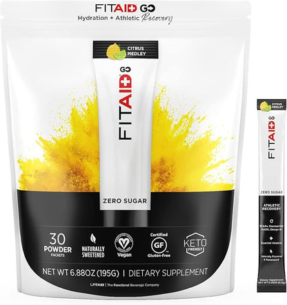LIFEAID FITAID GO! ZERO SUGAR Recovery + Hydration Packet, W/ BCAAs, Glucosamine, Electrolytes, Omega-3s, 100% Clean, Vegan & Gluten-Free, Naturally Sweetened, 30 Count (Pack of 1)