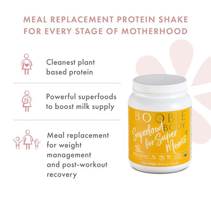 Boobie Body Superfood Protein Meal Replacement Shake, Vanilla Cookie Flavor | 19g Protein | Safe for Pregnancy, Lactation, & Motherhood | Organic, Vegan, Zero Sugar, 1 Tub (21 oz.)