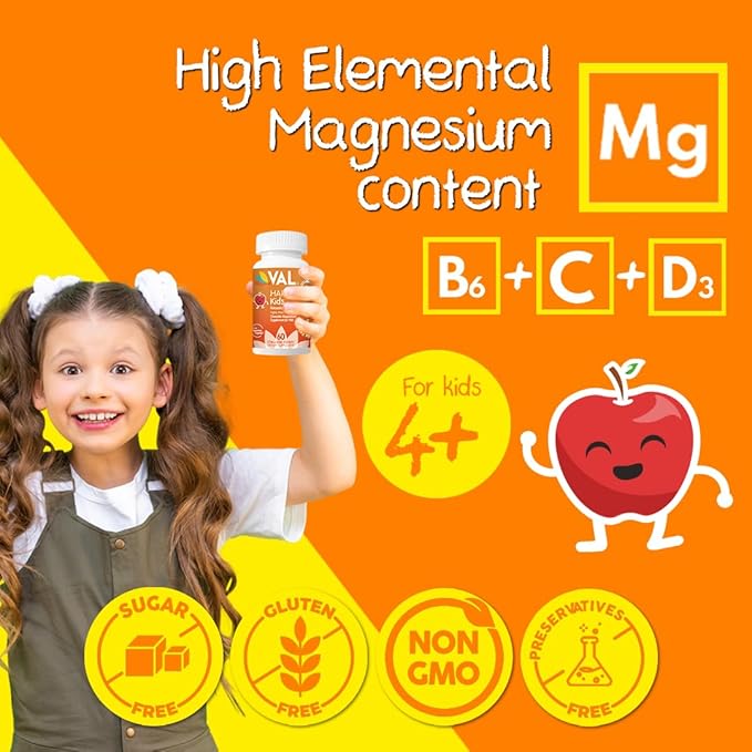 Chewable Magnesium for Kids, Relaxation and Calm Formula, Glycinate, Citrate, Taurate, Vitamin B6, D, C, Natural Apple Flavor, Sugar Free, Gluten Free, Non-GMO, 60 Chewable Tablets