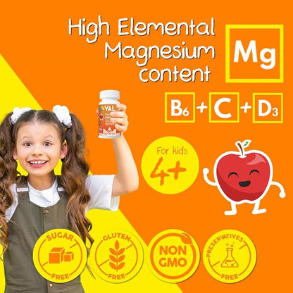 Chewable Magnesium for Kids, Relaxation and Calm Formula, Glycinate, Citrate, Taurate, Vitamin B6, D, C, Natural Apple Flavor, Sugar Free, Gluten Free, Non-GMO, 60 Chewable Tablets
