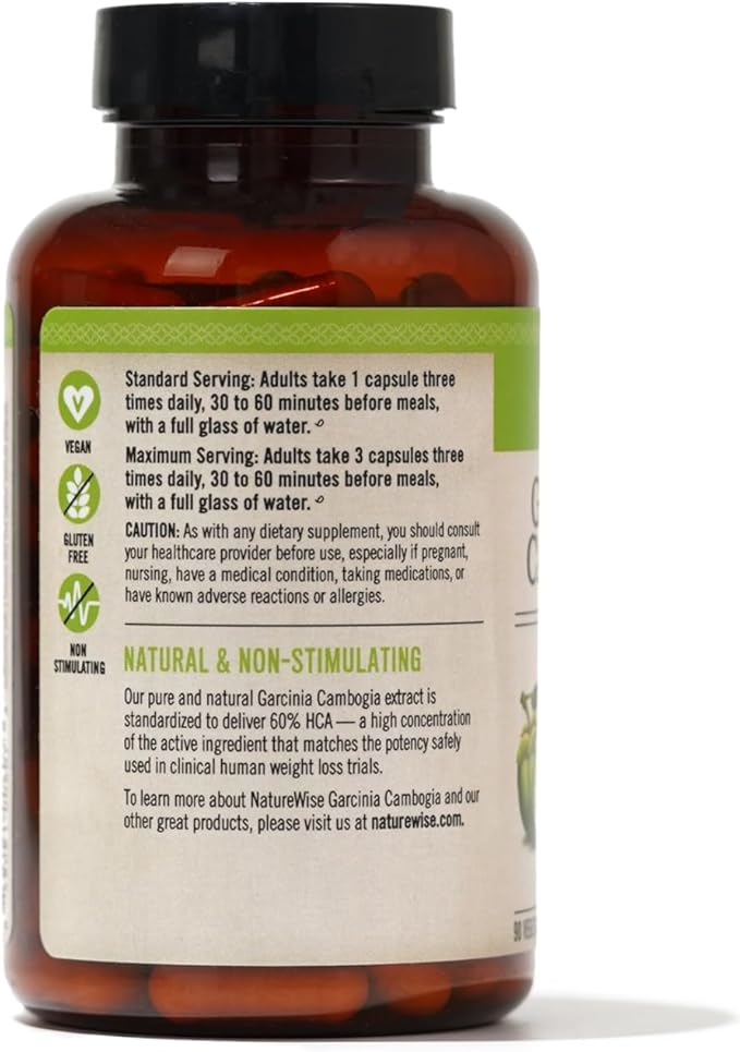 Naturewise Garcinia Cambogia with Natural Garcinia Cambogia Extract, 60% HCA Concentration, Natural Support for Weight Goals and Energy - Vegan, Non-GMO, Gluten Free - 90 Capsules[1-3 Month Supply]