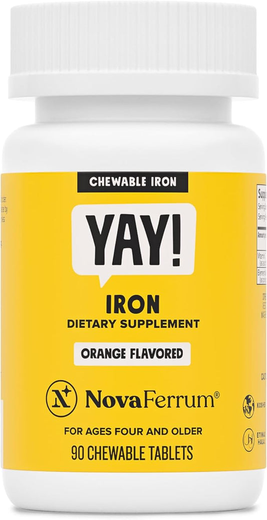 NovaFerrum Yay | Chewable Iron Supplement for Kids & Adults for Anemia | 18mg of Iron | 90 Servings | Sugar Free | Vegan | Gluten Free | Orange Flavor