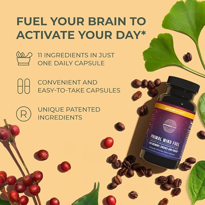 Brain Supplement by Primal Harvest, Primal Mind Fuel Brain Booster for Focus, Energy, Clarity, and Brain Health 30 Capsules Nootropics Brain Support Supplement for Men and Women