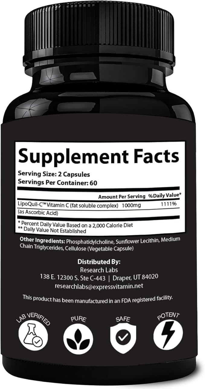 Research Labs Liposomal Vitamin C Supplement w/Enhanced Absorption LipoQuil-C™ | 2 Fer 1 ad 240 Capsules Total Immune Support Collagen Booster | High Dose Fat Soluble Vita C 1000mg Buffered | Non GMO