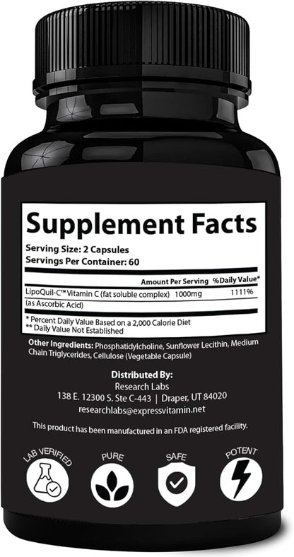 Research Labs Liposomal Vitamin C Supplement w/Enhanced Absorption LipoQuil-C™ | 2 Fer 1 ad 240 Capsules Total Immune Support Collagen Booster | High Dose Fat Soluble Vita C 1000mg Buffered | Non GMO