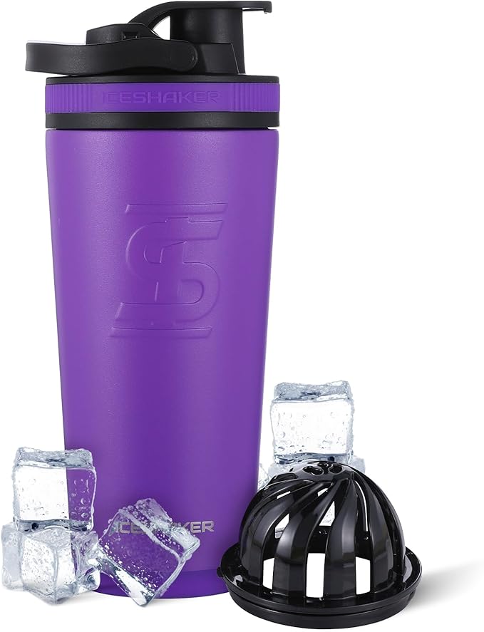 Ice Shaker Insulated Stainless Steel Shaker Bottle | 26oz, Purple | Cold for 30+ Hours | Insulated Cup with Twist-on Agitator | Odor-Free Shaker Cup for Protein Shakes, Water, Smoothies, Cocktails