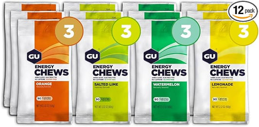 GU Energy Chews, Mixed Pack Energy Gummies with Electrolytes, Vegan, Gluten-Free, Kosher, Caffeine-Free, and Dairy-Free On-The-Go Energy for Any Workout, Caffeine - Free, 12 Bags (24 Servings Total)