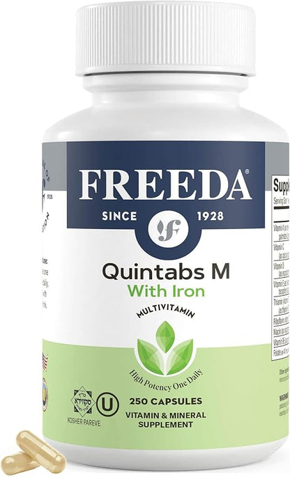 FREEDA Multivitamin One Daily – Quintabs-M with Iron – Kosher Multi Vitamins Supplements for Women Health - Multivitamins for Women & Iron-Deficient Men Adult Vitamins Multivitamin (250)
