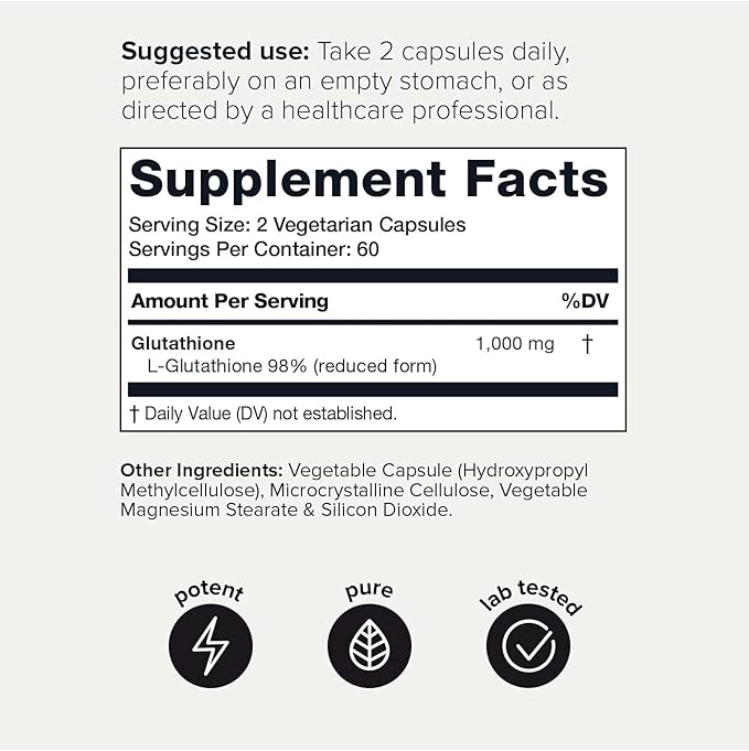 Toniiq Ultra High Strength Glutathione Capsules - 1000mg Concentrated Formula - 98%+ Highly Purified and Bioavailable - Non-GMO Fermentation - 120 Capsules Reduced Glutathione Supplement