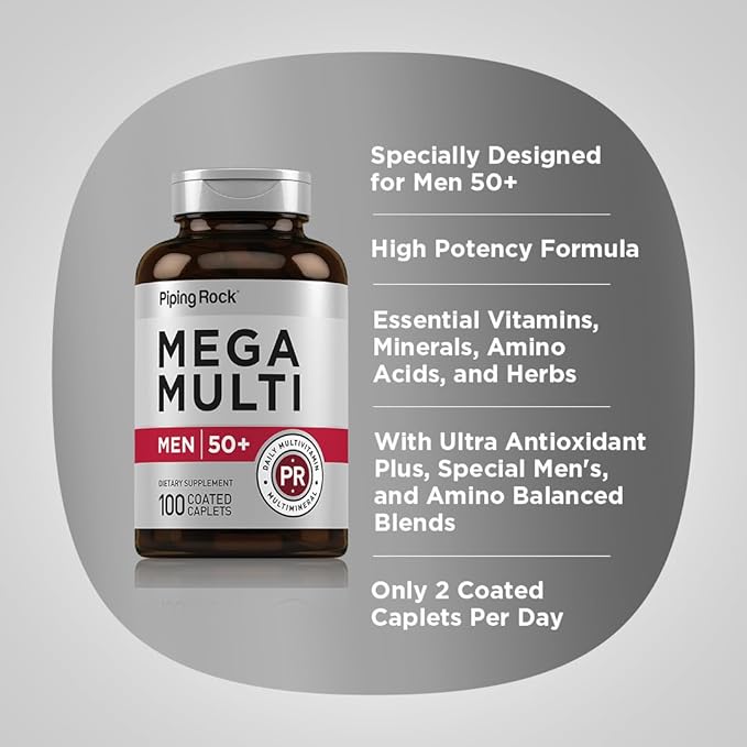 Piping Rock Multivitamin for Men Over 50 Plus | 100 Caplets | with Vitamin D3, Potassium, Folate | Daily Mega Multi Mineral Supplement | Non-GMO, Gluten Free