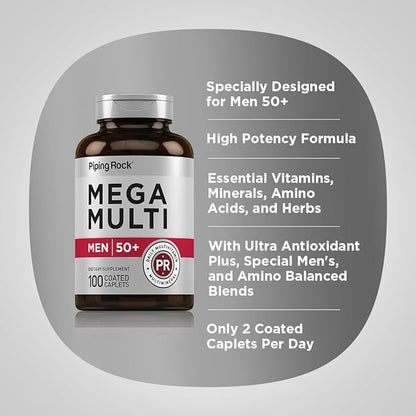 Piping Rock Multivitamin for Men Over 50 Plus | 100 Caplets | with Vitamin D3, Potassium, Folate | Daily Mega Multi Mineral Supplement | Non-GMO, Gluten Free
