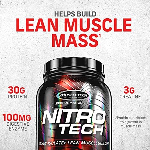 Muscletech Whey Protein Powder (Milk Chocolate, 2.2 Pound) - Nitro-Tech Muscle Building Formula with Whey Protein Isolate & Peptides - 30g of Protein, 3g of Creatine & 6.6g of BCAA