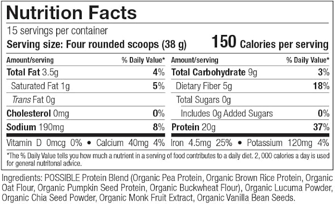 Possible Protein Powder Vanilla Bean - 20g of Vegan, Plant-Based Protein Mix - Non-GMO, Non-Dairy, Gluten-Free - 3.5g of BCAAs - 9 Essential Amino Acids - 15-Day Supply - 1 Bag, 15 Servings