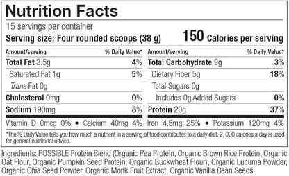 Possible Protein Powder Vanilla Bean - 20g of Vegan, Plant-Based Protein Mix - Non-GMO, Non-Dairy, Gluten-Free - 3.5g of BCAAs - 9 Essential Amino Acids - 15-Day Supply - 1 Bag, 15 Servings