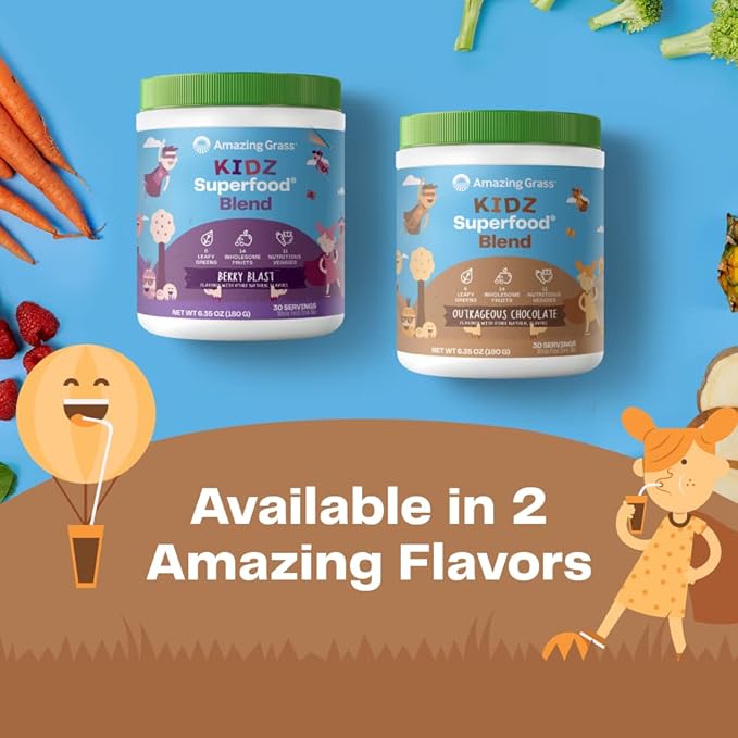 Amazing Grass Kidz Superfood: Organic Greens, Fruits, Veggies, Beet Root Powder & Probiotics for Healthy Kids, Outrageous Chocolate, 30 Servings, 6.35 Ounce (Pack of 1)