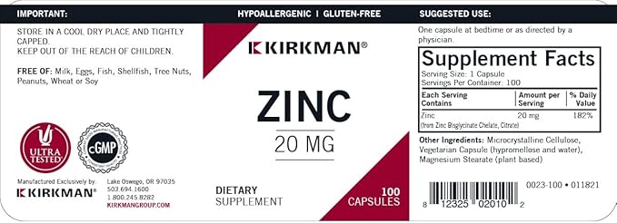 Kirkman - Zinc 20mg - 100 Capsules - Immune Support - High Absorption - Hypoallergenic