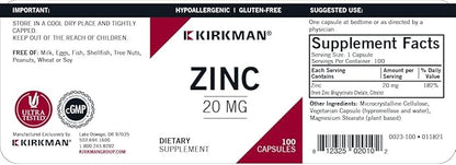 Kirkman - Zinc 20mg - 100 Capsules - Immune Support - High Absorption - Hypoallergenic