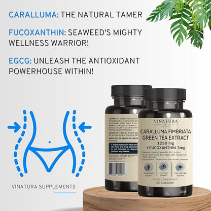 Caralluma Fimbriata, EGCG 45% Extract 1250mg + Fucoxanthin 3mg per Serving *USA Made & Tested* for Immune Support, Energy and Mental Focus - 60 Capsules 30 Servings