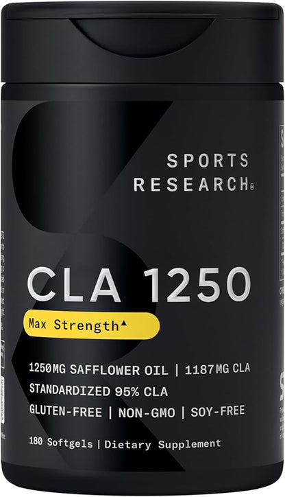 Sports Research CLA - 1250mg with Active Conjugated Linoleic Acid for Men and Women | Non-GMO, Soy & Gluten Free - 95% (180 Softgels)…