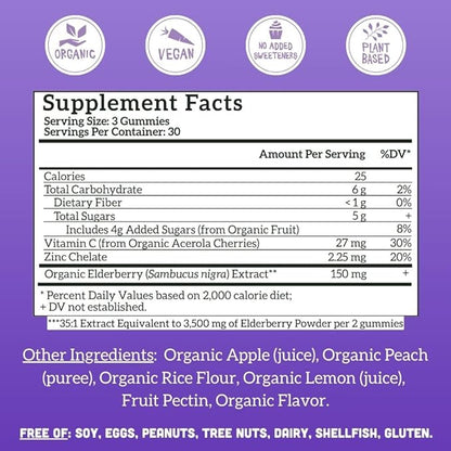 Llama Naturals Real Fruit Sambucus Elderberry Gummies for Adults | No Added Sugar Cane, Vegan, Organic Immune Support | Zinc & Natural Vitamin C | Immunity for Women, Men | 90 Gummies (30 Day)