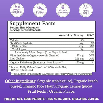 Llama Naturals Real Fruit Sambucus Elderberry Gummies for Adults | No Added Sugar Cane, Vegan, Organic Immune Support | Zinc & Natural Vitamin C | Immunity for Women, Men | 90 Gummies (30 Day)