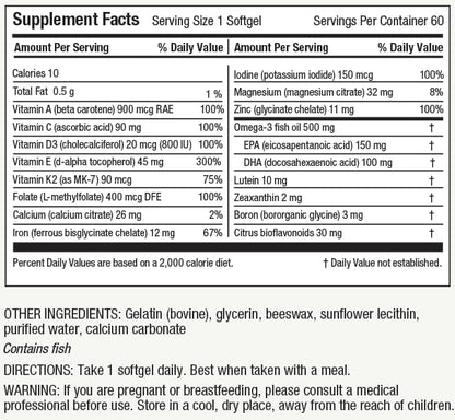 Nutri-Rich Essentials Multi | Multivitamin for Adults Softgel with Iron Nutritional Support with Lutein, Energy, K2 for Bone Health, Vitamin D3, Minerals, and Sustainable Omega-3 EPA + DHA (60 Count)