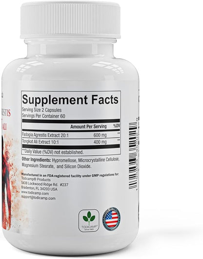 Fadogia Agrestis 20:1 with Tongkat Ali 1000mg Complex Longjack Tongkat Ali Extract with Fadogia Agrestis 600mg Supplement - 60 Days Supply