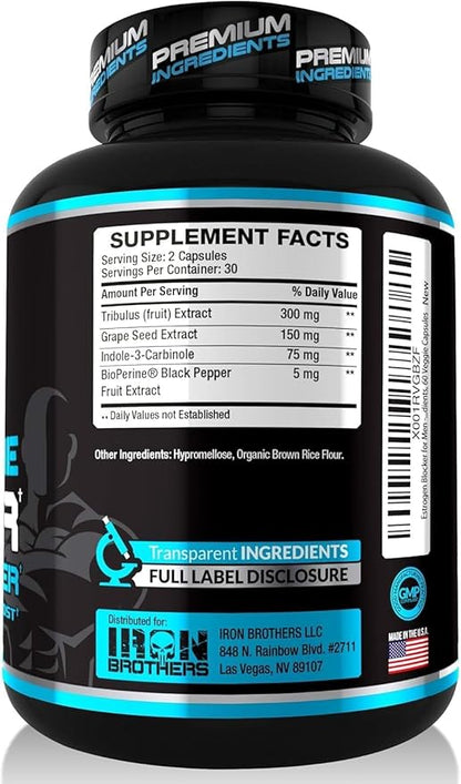 Test Booster for Men with Estrogen Blocker - Anti-Estrogen Dietary Supplement - Natural Aromatase Inhibitor - Increase Libido & Strength 60 Capsules - Muscle Growth - Weight Loss (2 Bottles)