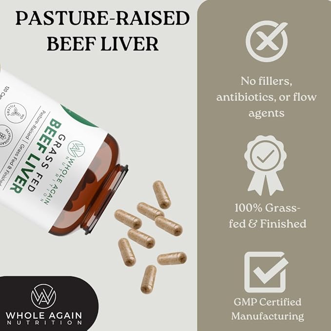 Grass Fed Beef Liver Capsules - 100% Pasture Raised - No Fillers or Flow Agents - 120 Count 3,000mg Serving - 30-Day Supply - Iron and Energy - Grass fed Desiccated Liver Supplement
